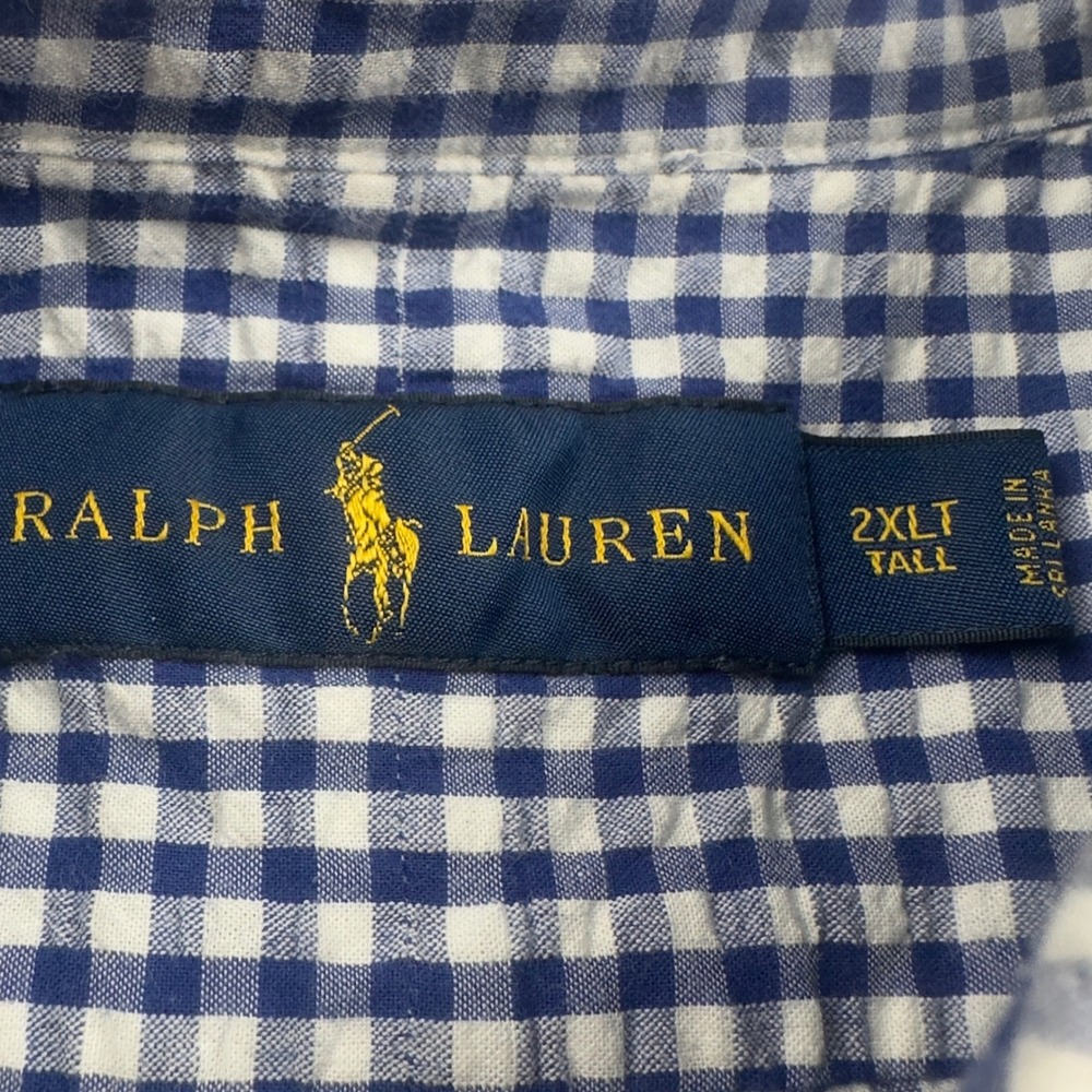 Ralph Lauren Mens 2XLT Tall Blue Gingham Cotton Short Sleeve Button Down Shirt - Picture 3 of 16